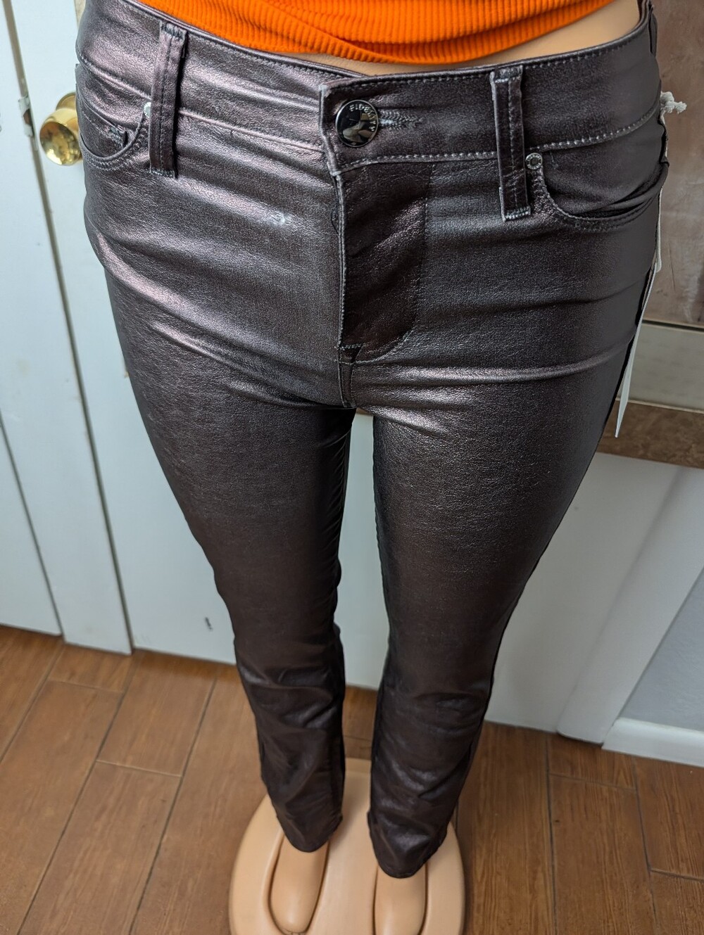 Fidelity Denim Lily High Boot Jeans Burgundy Metallic Foil-Coated Size 26 - Picture 10 of 12